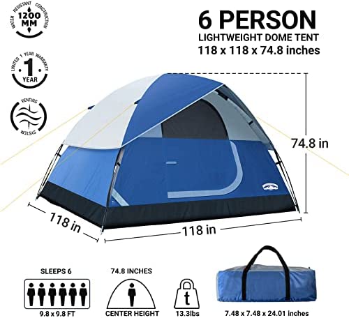 Pacific Pass 2/4/6 Person Family Dome Tent with Removable Rain Fly, Easy Setup for Camp Outdoor - Image 2